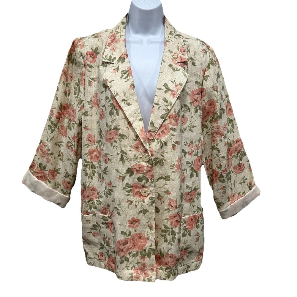 Sag Harbor Petite Blazer Women's Sz14P Cream Floral Print Single Breast Pockets
